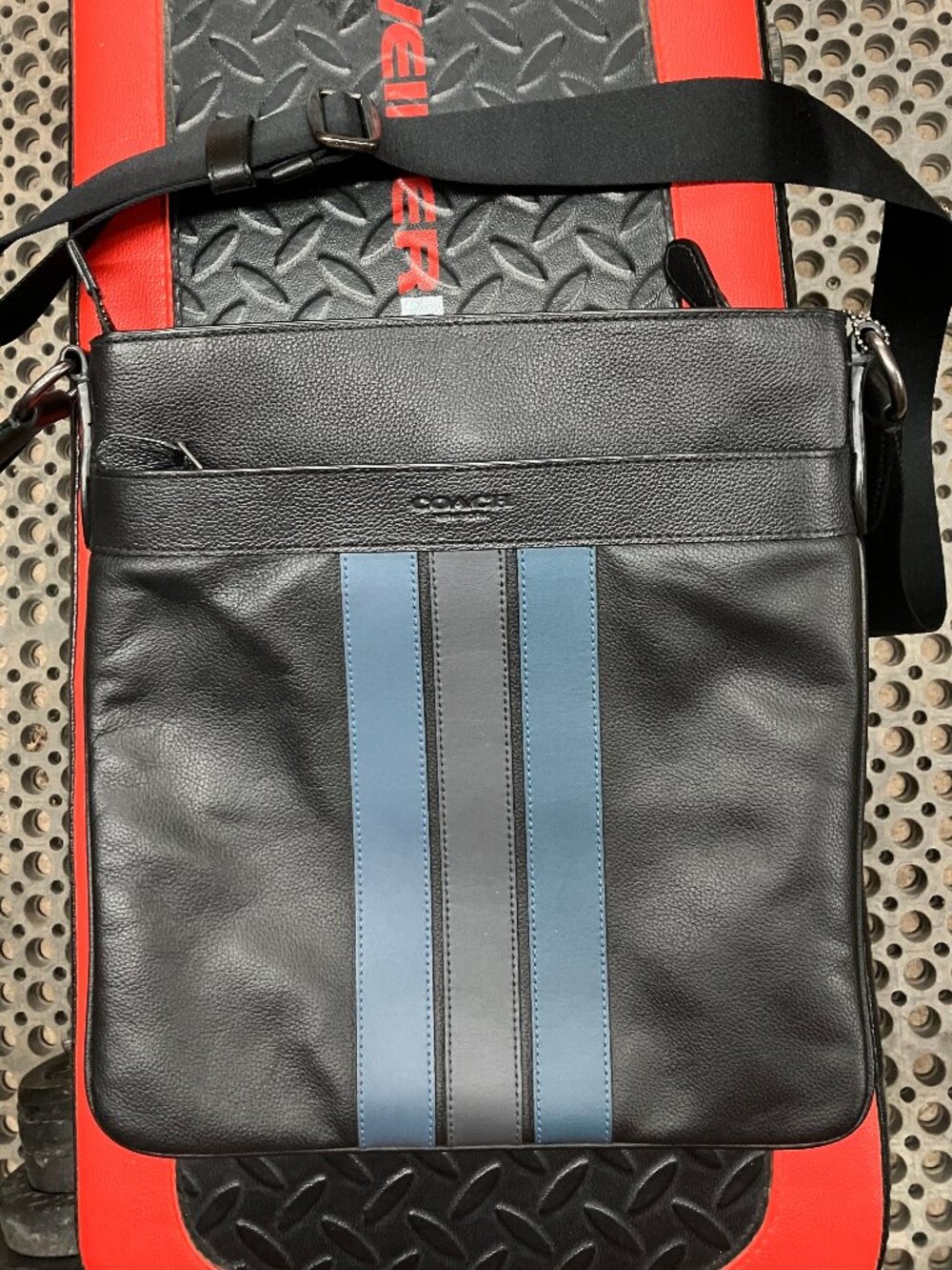 Coach Charles leather crossbody bag with varsity stripe black/midnight messenger